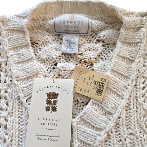 Express Tricot Cheateau Hand Knit Sweater SZ L 90s Style Cream Cottagecore NOS - Picture 3 of 7